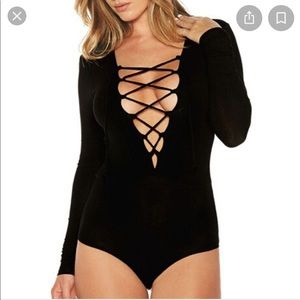 Black strappy lace up plunge long sleeve bodysuit